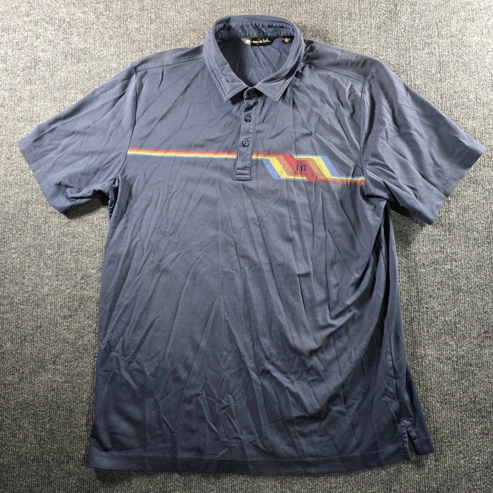 TravisMathew Mens XL Blue Polo Shirt Retro Chest Stripe Short Sleeve Golf Top
